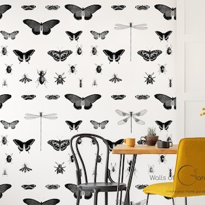Insects wallpaper, self adhesive, removable or vinyl wallpaper, botanical wall mural, black and white wallpaper #13