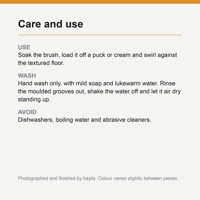 Care and use card: soak the brush and swirl against the textured floor, hand wash with mild soap, rinse the grooves and air dry, and avoid dishwashers, boiling water and abrasive cleaners.