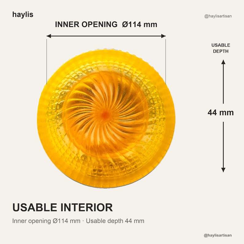 Measurement diagram of the yellow resin shaving bowl: inner opening 114 mm across and usable interior depth 44 mm, marked with arrows over a cutout of the actual bowl.