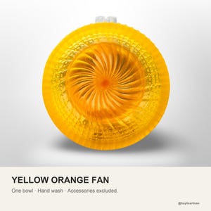 Summary card for the Yellow Orange Fan shaving bowl: one bowl, hand wash, accessories excluded.