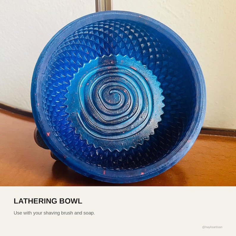 Card reading Lathering Bowl: use with your shaving brush and soap, over a photograph of the royal blue bowl.