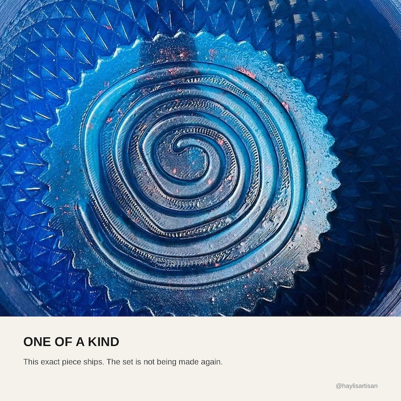 One of a kind card over the royal blue sparkle bowl: this exact piece ships and the set is not being made again.