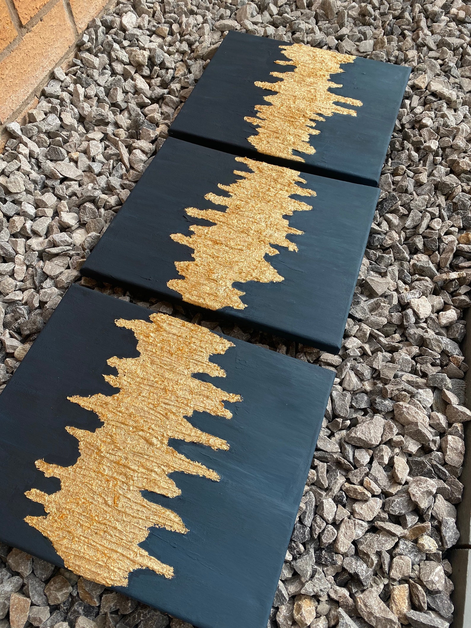 Set of 3 Textured Gold Leaf Acrylic Painted Canvases Etsy