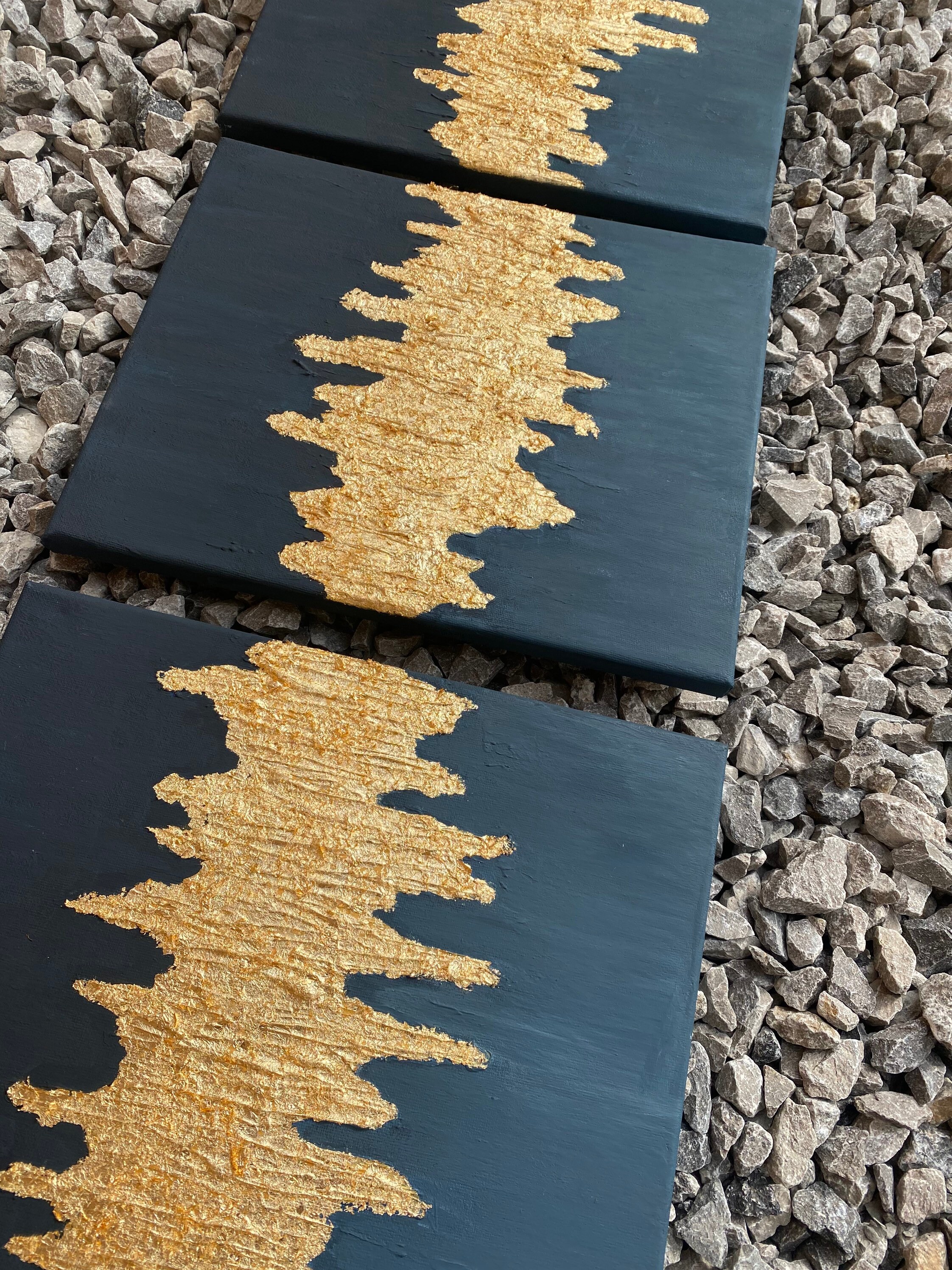 Set of 3 Textured Gold Leaf Acrylic Painted Canvases Etsy