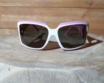 Plastic retro vierkante zonnebril /Vintage Witte en mauve Plastic Vierkante Zonnebril Goggles ITALIË