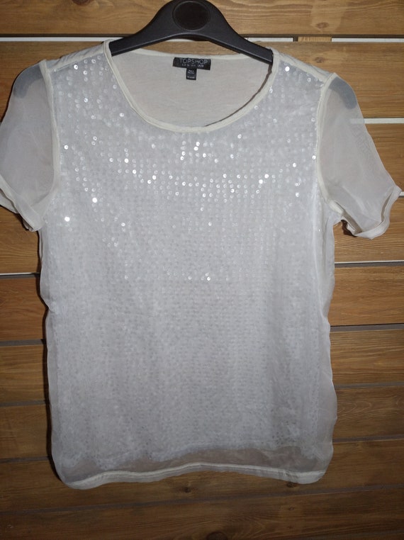 White Topshop Top /00s sequin T Shirt uk 10