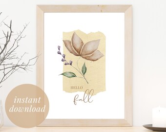 Hello Fall Floral Printable Wall Art | Autumn Flower Wall Art | Autumn Decor | First Day of Fall Printable Decor