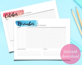Monthly Habit Tracker | Watercolor Printable Habit Tracker | Habit Log | Goal Planner | Daily Tracker | Digital Download