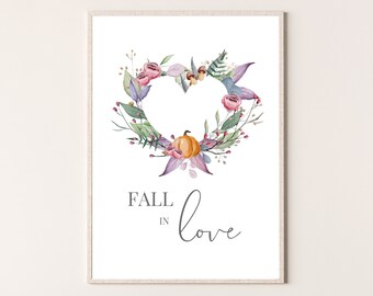 Fall In Love Printable Wall Art | Love Heart Wreath | Autumn Home Decor | Fall Printable | Digital Download | Autumn Quotes