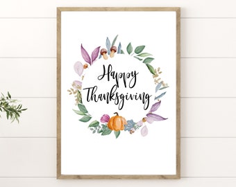 Happy Thanksgiving Fall Wreath Printable Wall Art | Thanksgiving Printable Wall Art | Autumn Quotes | Fall Printable Decor