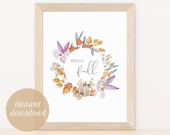 Hello Fall Printable Wall Art | Autumn Wreath Printable | Autumn Decor | First Day of Fall Printable Decor | Autumn Quotes