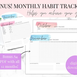 May include: A printable monthly habit tracker with a watercolor design in pink and blue. The tracker includes sections for habits, achievements, and notes. The text "Bonus! Monthly Habit Tracker" and "Helps you achieve your goals" is at the top of the page. The text "Bonus A4 PDF with all 12 months!" is at the bottom of the page. The text "digital download" is in a purple circle at the bottom right corner of the page.
