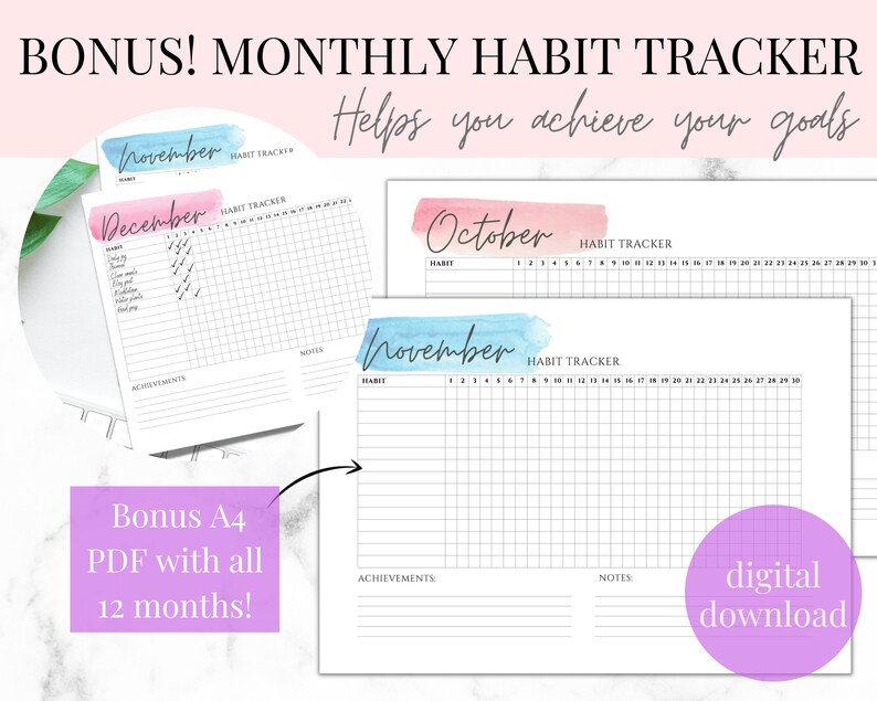 May include: A printable monthly habit tracker with a watercolor design in pink and blue. The tracker includes sections for habits, achievements, and notes. The text "Bonus! Monthly Habit Tracker" and "Helps you achieve your goals" is at the top of the page. The text "Bonus A4 PDF with all 12 months!" is at the bottom of the page. The text "digital download" is in a purple circle at the bottom right corner of the page.
