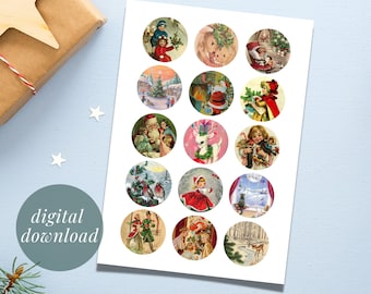 Vintage Christmas Cupcake Toppers | 2 inch Printable Circles for Christmas Decor, Cards, Tags, Christmas Party | Printable Digital Download