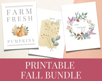 Printable Fall Bundle | Set of 3 Wall Art | Farm Fresh Pumpkins | Autumn Leaf Printable | Stay Cozy Wreath | First Day of Fall Printables