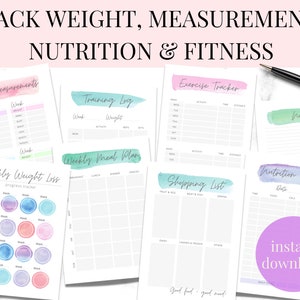 May include: Printable digital download of eight pages with watercolor backgrounds. The pages are for tracking weight, measurements, training, nutrition, and fitness. The pages include titles like "My Measurements", "Training Log", "Weekly Weight Loss", "Weekly Meal Plan", "Exercise Tracker", "Shopping List", "Nutrition Tracker", and "Notes".