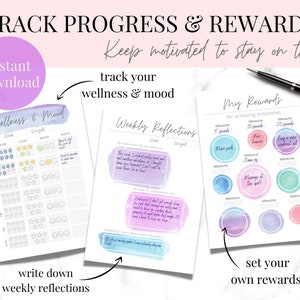 May include: Printable digital download of three worksheets for tracking wellness and mood, setting weekly reflections, and creating a reward system for achieving milestones. The worksheets feature watercolor backgrounds in shades of pink, blue, and green.