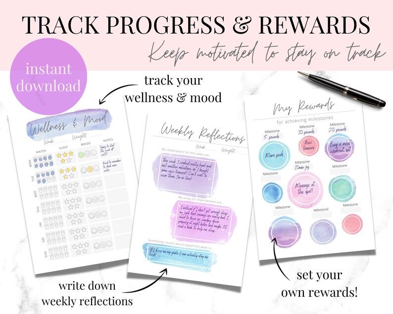 May include: Printable digital download of three worksheets for tracking wellness and mood, setting weekly reflections, and creating a reward system for achieving milestones. The worksheets feature watercolor backgrounds in shades of pink, blue, and green.