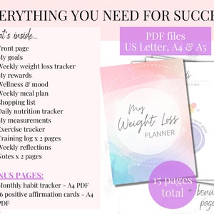 May include: A printable weight loss planner with a watercolor background. The planner includes 15 pages and 14 bonus pages. The text on the cover reads "My Weight Loss Planner".