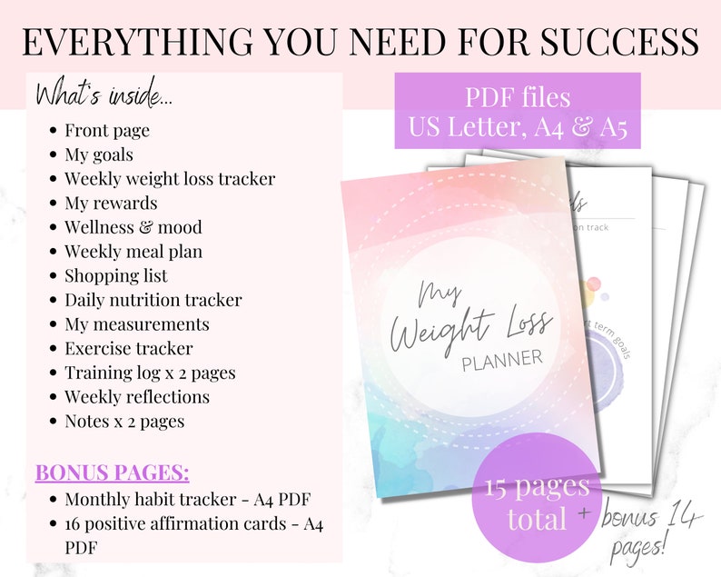 May include: A printable weight loss planner with a watercolor background. The planner includes 15 pages and 14 bonus pages. The text on the cover reads "My Weight Loss Planner".