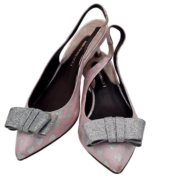 Vintage Bruno Magli Italy Women's Pink Silver Heart Bow Dress Heels Formal Pumps