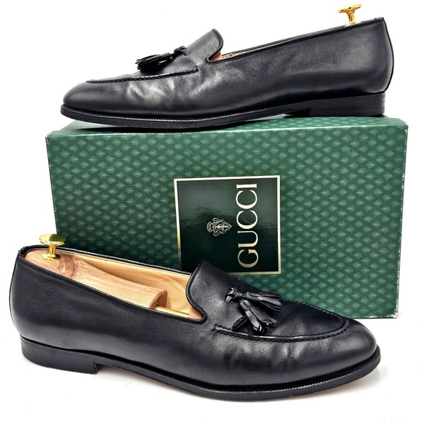 Vintage Italian Gucci Men's 12D Black Nappa Leather Dress Shoe Tassel Loafers