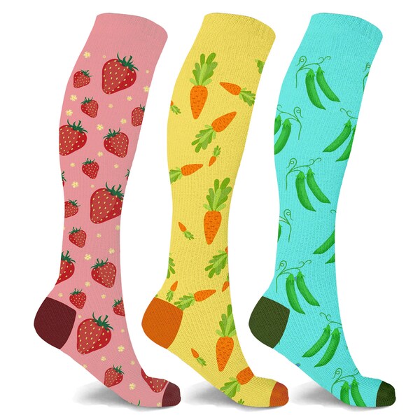 Fruits And Vegetables Fun Knee High Compression Socks - Great As Gifts For Travel Walking Running Driving Pregnancy (3 Pairs)