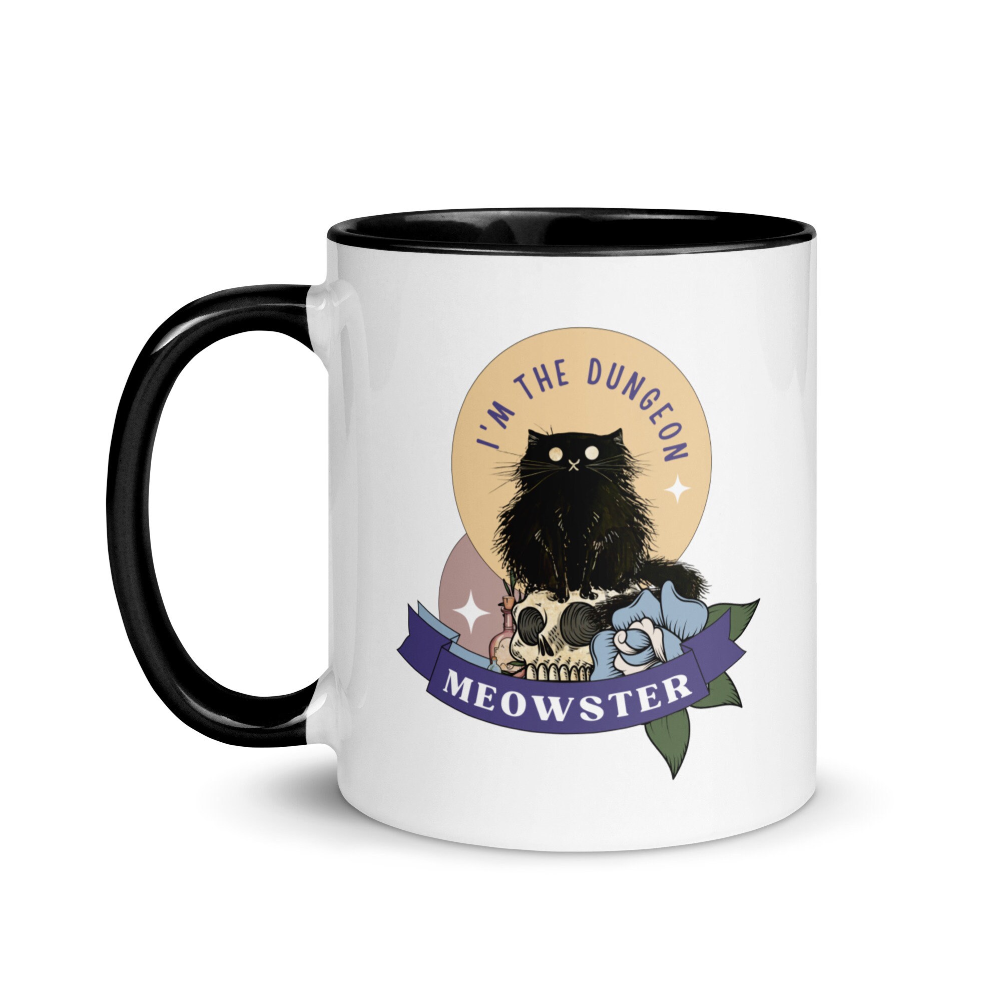 Dungeon Meowster Vintage DnD D21 Bianco tazza di caffè con Nero Rim & Handle Mug