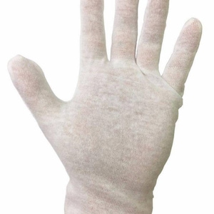 May include: A pair of white cotton work gloves with a seamless knit construction. The gloves are designed for a variety of tasks, including handling delicate items, cleaning, and working with food.