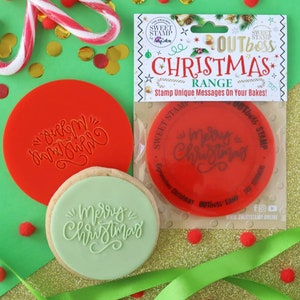Merry Christmas Elegant Outboss Expressions from Sweet Stamp by Amy Cakes, Mini Size 60mm, Fondant Outboss, Christmas stamp, Cupcake Topper