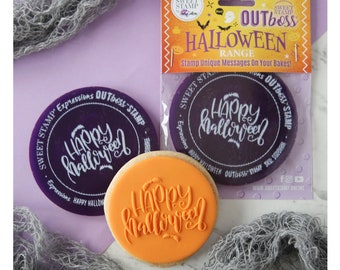 Happy Halloween Outboss Expressions from Sweet Stamp by Amy Cakes, Mini 60mm, Fondant Outboss, Fondant Stamp, Halloween Cupcake Topper