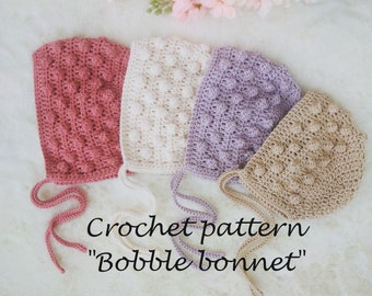 Crochet pattern Bobble bonnet, Crochet baby bonnet, hat pattern for baby