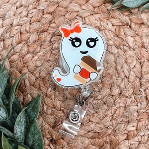 Ghost Coffee Badge Reel, Glitter Badge Reel, Retractable Badge Reel, Medical ID Holder, Fall Badge Pull, Medical Badge Reel, Halloween Badge