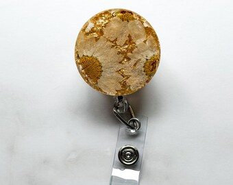 Gold Floral Badge Reel, Retractable Swivel Alligator Clip