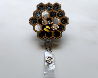 Glitter Honeycomb Bee Badge Reel, Retractable ID Holder, Bee Lover Accessory