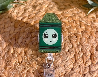 Green Crayon Badge Reel, Retractable Swivel Alligator Clip
