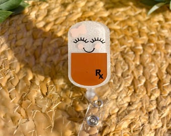 White and Rose Gold Happy Pill Badge Reel, Retractable Swivel Alligator Clip