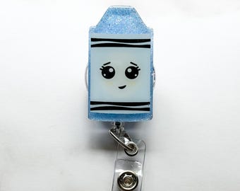 Blue Crayon Badge Reel, Retractable Swivel Alligator Clip