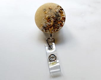 Neutral Resin Badge Reel, Gold Foil Glitter ID Holder, Retractable Badge Clip