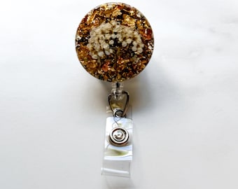 Neutral Floral Resin Badge Reel, Gold Foil Glitter ID Holder, Retractable Clip
