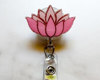 Lotus Flower Badge Reel, Retractable Swivel Alligator Clip
