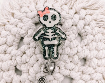 Skeleton with Bow Glitter Badge Reel, Medical Retractable ID Holder