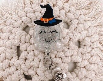 Ghost Witch Glitter Badge Reel, Medical ID Holder