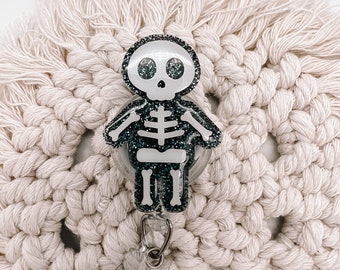 Glitter Skeleton Badge Reel, Retractable Medical ID Holder