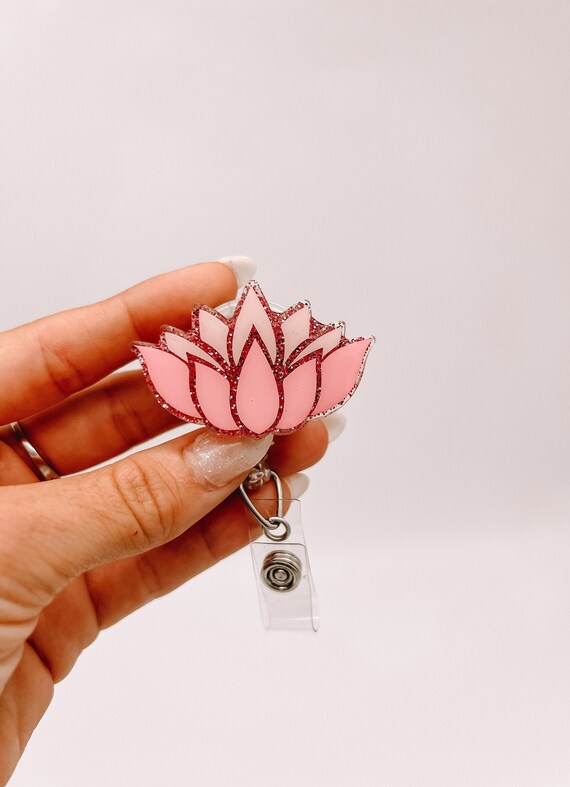 Lotus Flower Badge Reel, Glitter Badge Reel, Retractable Badge