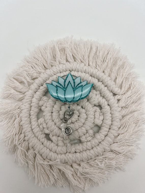 Blue Lotus Flower Badge Reel, Glitter Badge Reel, Retractable