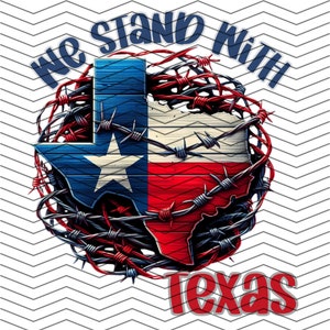 K&ouml;nnte beinhalten: We Stand With Texas Grafik mit einem Stacheldrahtkreis um eine rot-wei&szlig;-blaue Texas-Flagge.