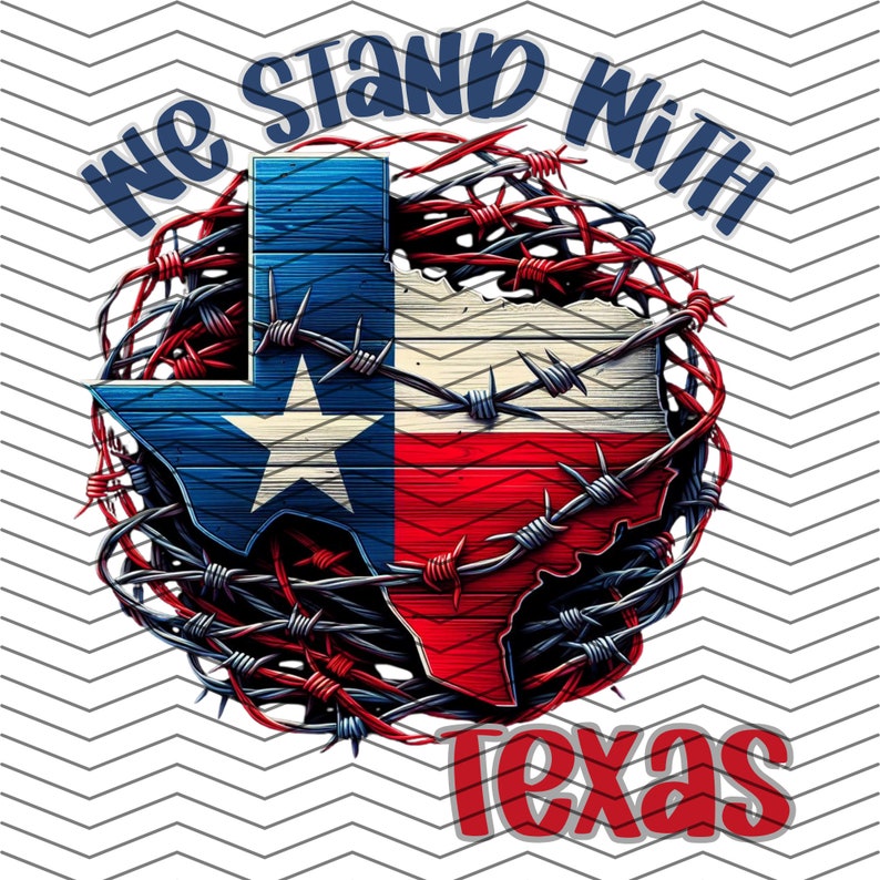 K&ouml;nnte beinhalten: We Stand With Texas Grafik mit einem Stacheldrahtkreis um eine rot-wei&szlig;-blaue Texas-Flagge.