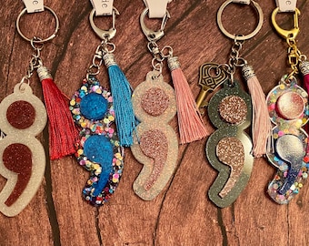 Handmade Resin Semicolon Keychain: Mental Health Awareness Gift