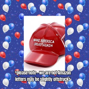 May include: A red baseball cap with the text "MAKE AMERICA GREAT AGAIN" in white. The background features a pattern of red, white, and blue balloons on a blue background.